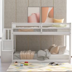 Twin over Twin Floor Bunk Bed;  Ladder with Storage (Color: White)